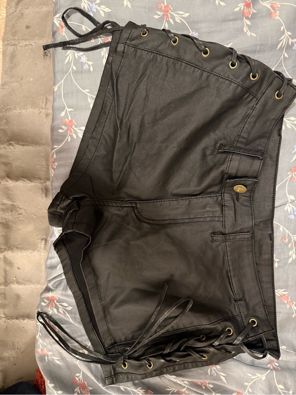 Women’s Leather Black Lace-Up Flat Front Shorts